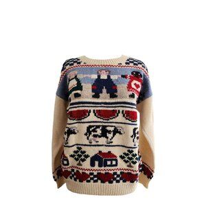 Vtg South Wool Country Primitive Cow Hearts Hand Knit Sweater Cottage Core S EUC